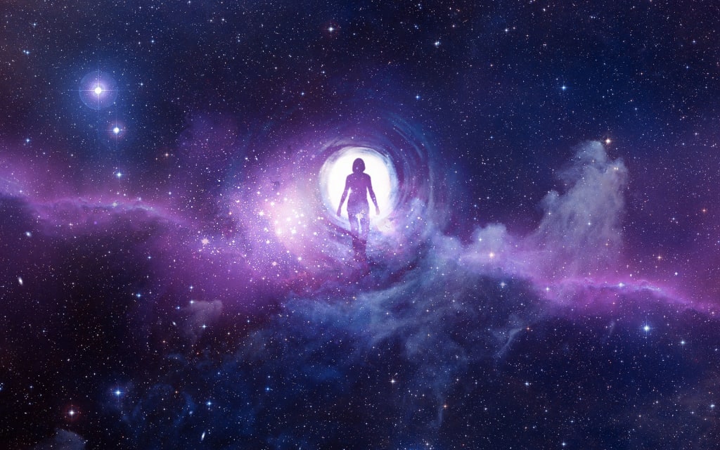 A silhouette walking into a tunnel of light within a purple star-filled nebula, evoking the soul's journey beyond the physical body