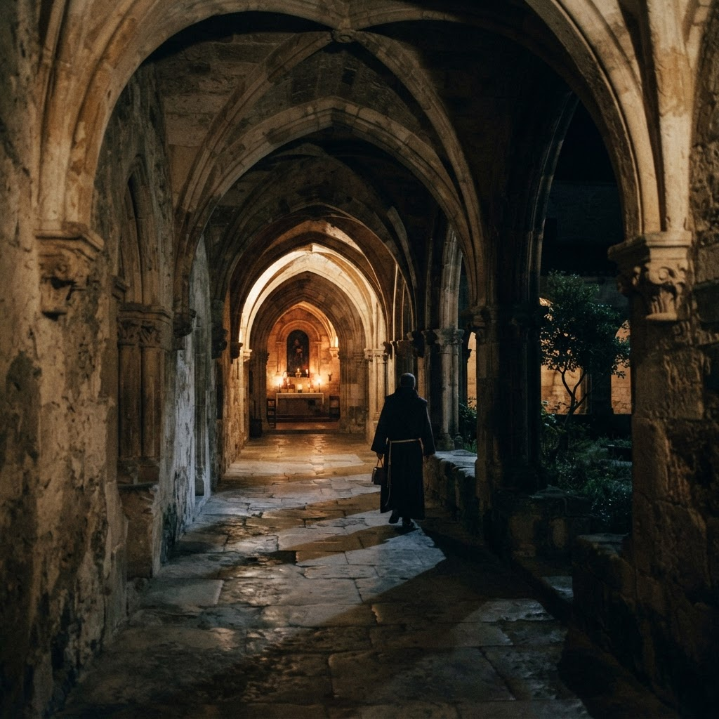 A robed figure walking a stone cloister in low light