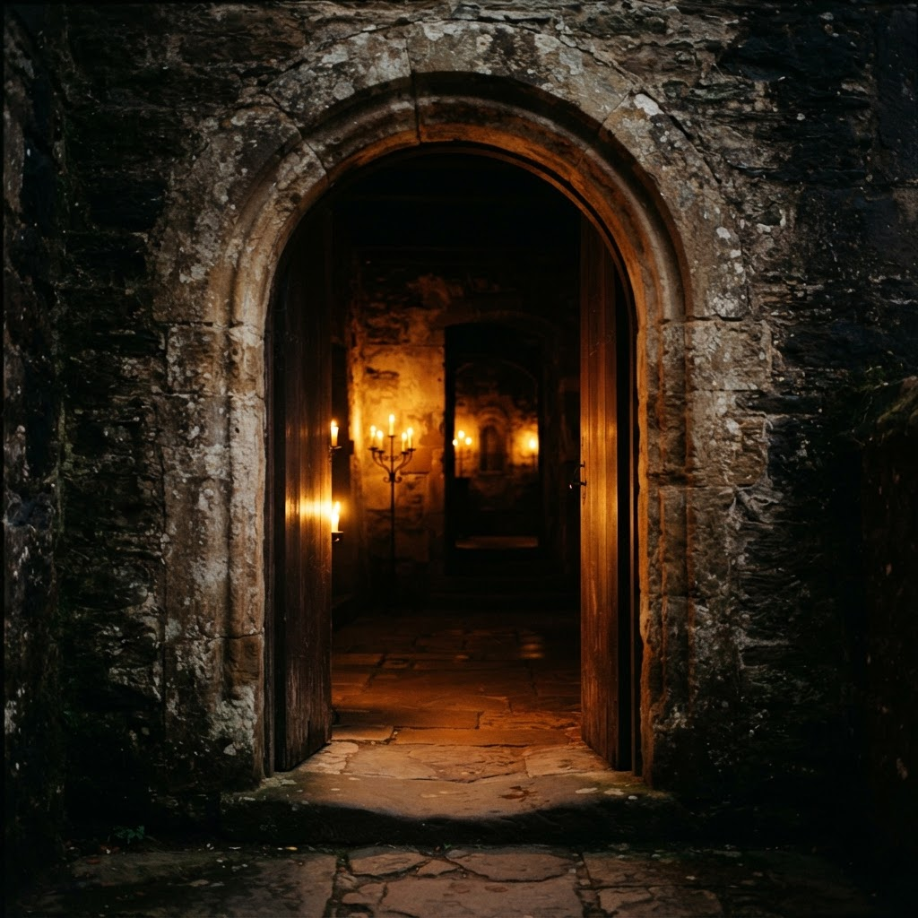 A candlelit doorway opening onto a dark interior