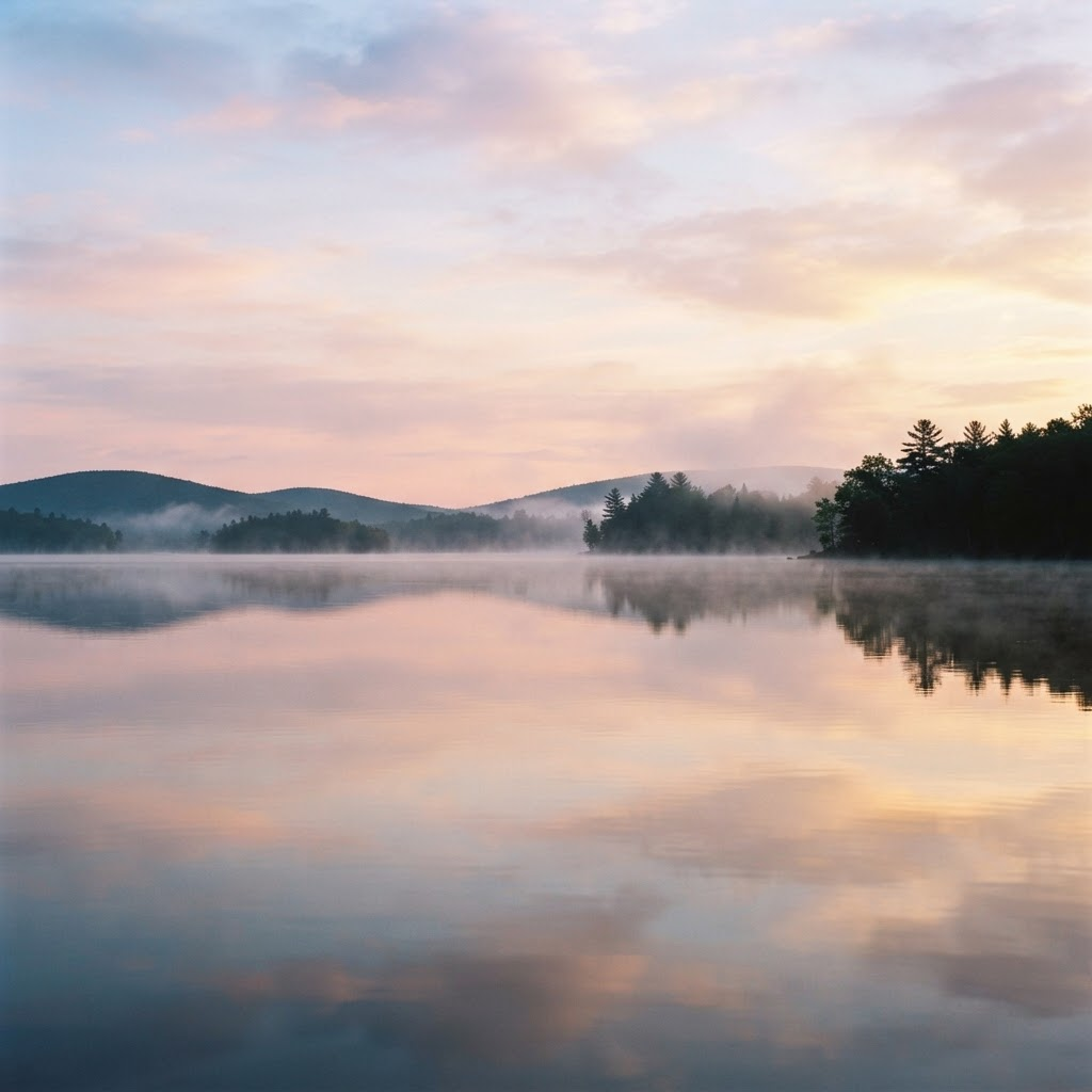 Still water at first light, mist on the surface