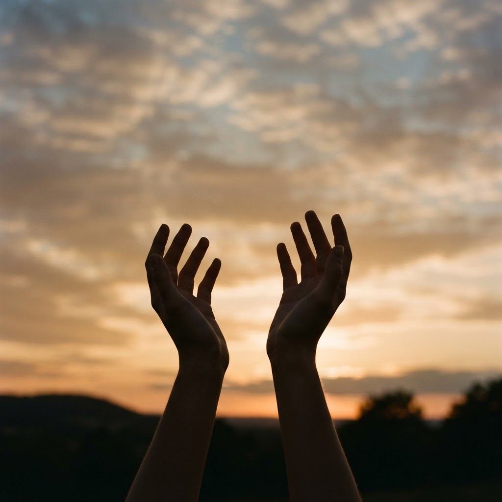 Open hands raised against an open sky at dusk