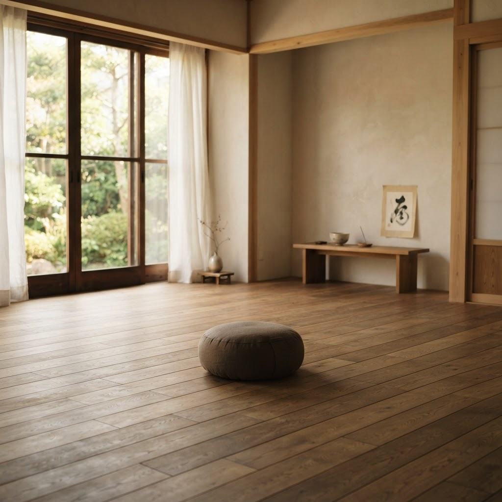 A quiet, softly lit room with a single cushion and open floor space