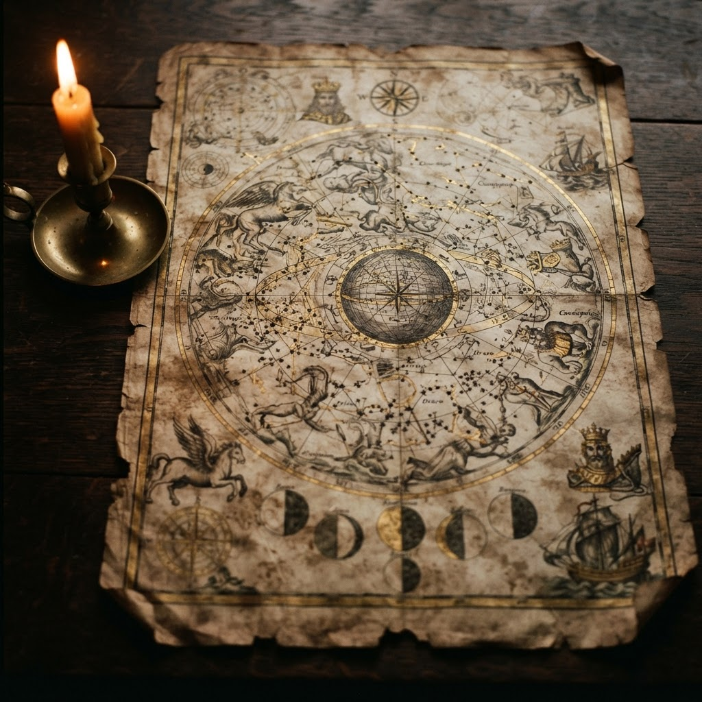 An old star chart on textured paper, lit from one side