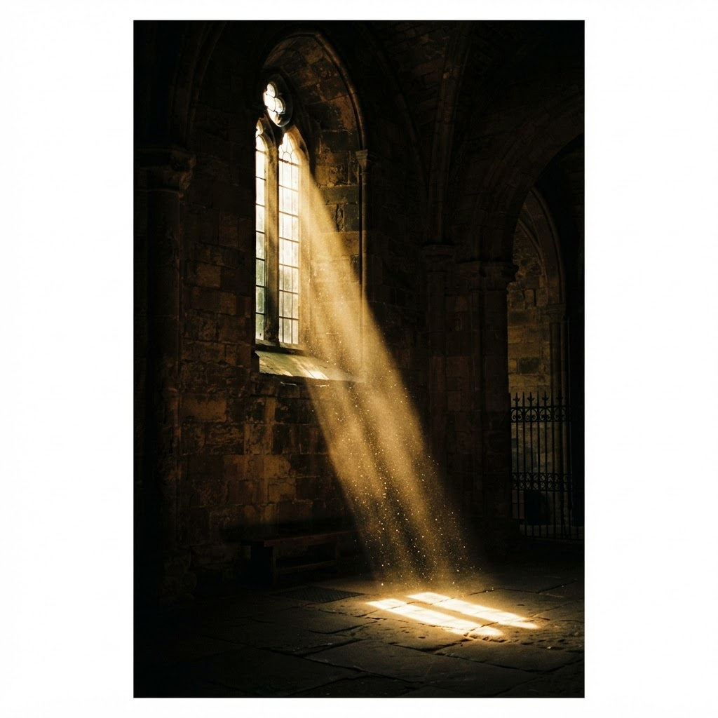 A vertical shaft of light through a tall narrow window