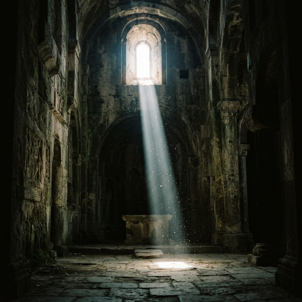 A shaft of white light falling through a high stone opening