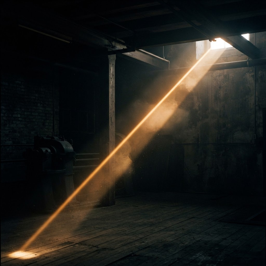 A single sharp beam of light crossing a dark room