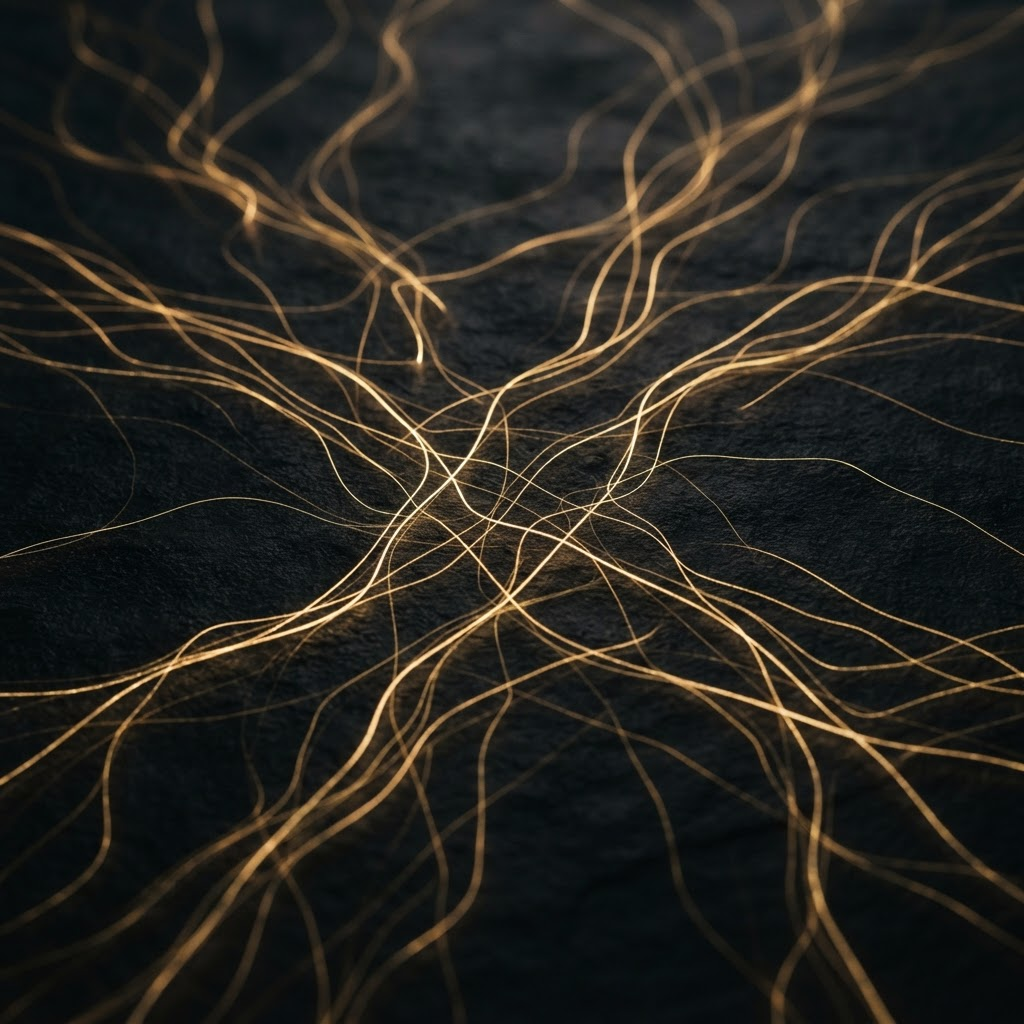 Fine lines of light tracing across a dark surface