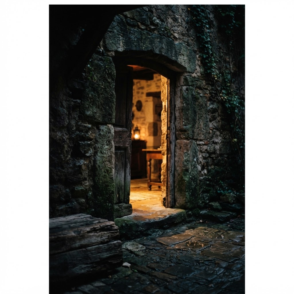 An open doorway in an old wall, light on the other side