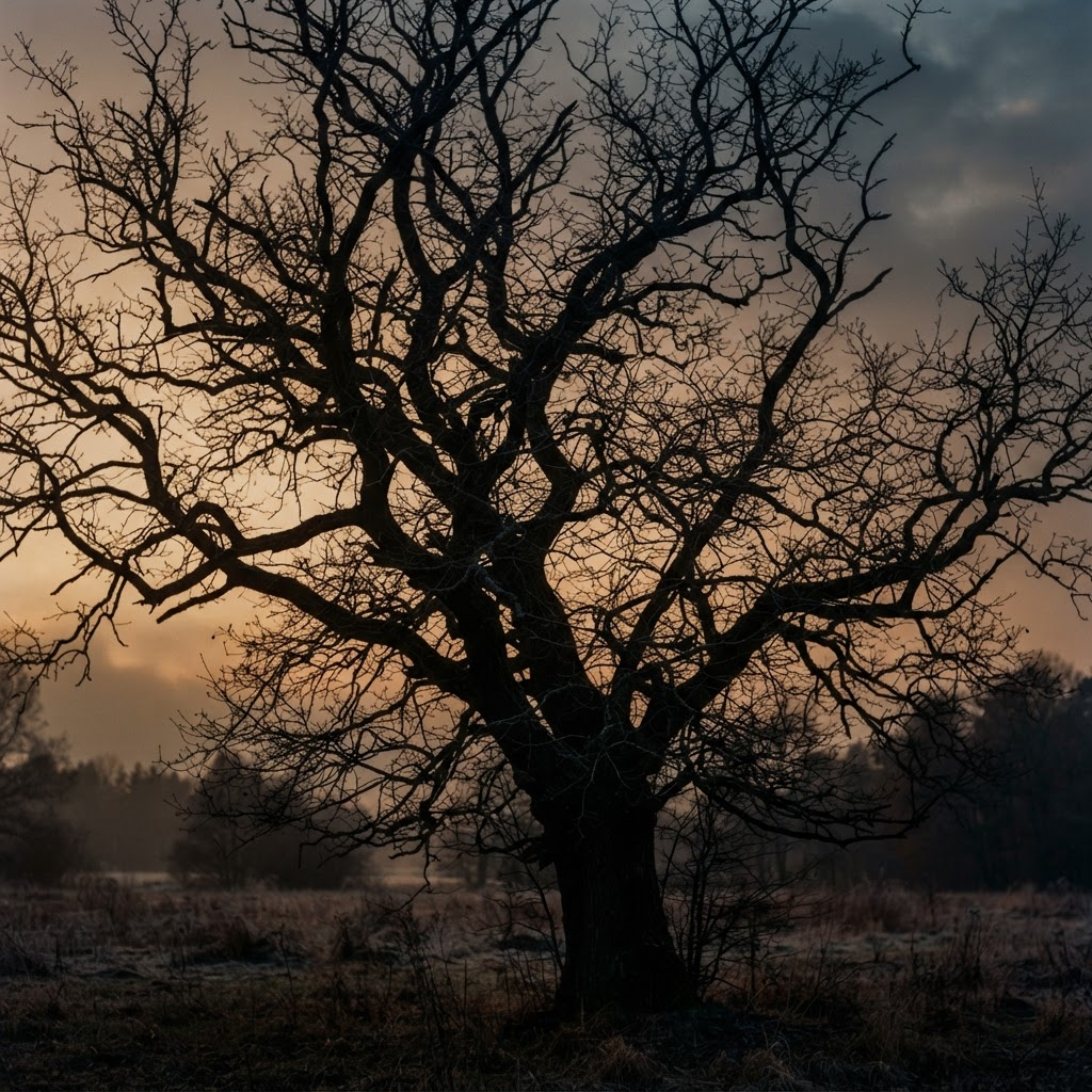 Branching structure of an old tree against low winter light