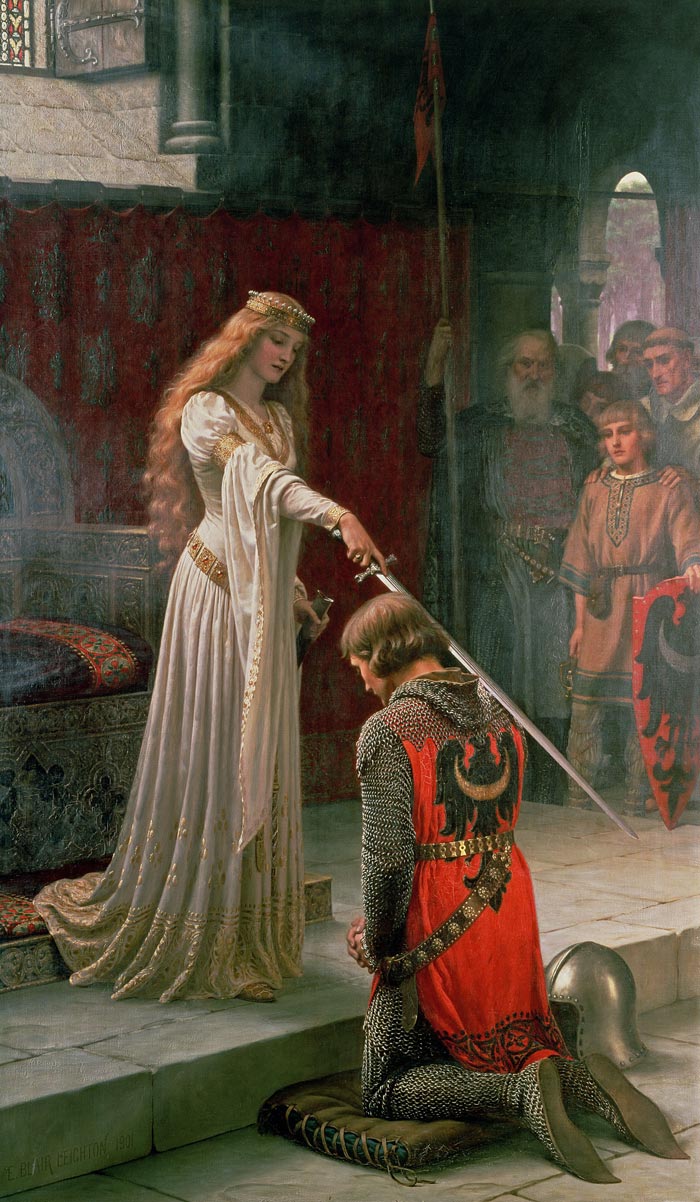 A classical painting of a robed woman conferring knighthood upon a kneeling knight with a sword
