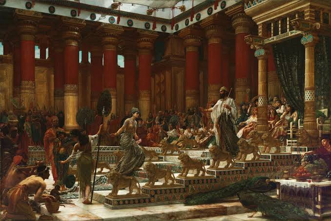 Classical painting of King Salomon receiving the Queen of Sheba in his temple hall