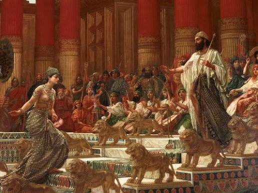 A classical painting of King Solomon enthroned in his columned hall, the wise leader of the ancient gathering of Sages from which the Life Activation descends