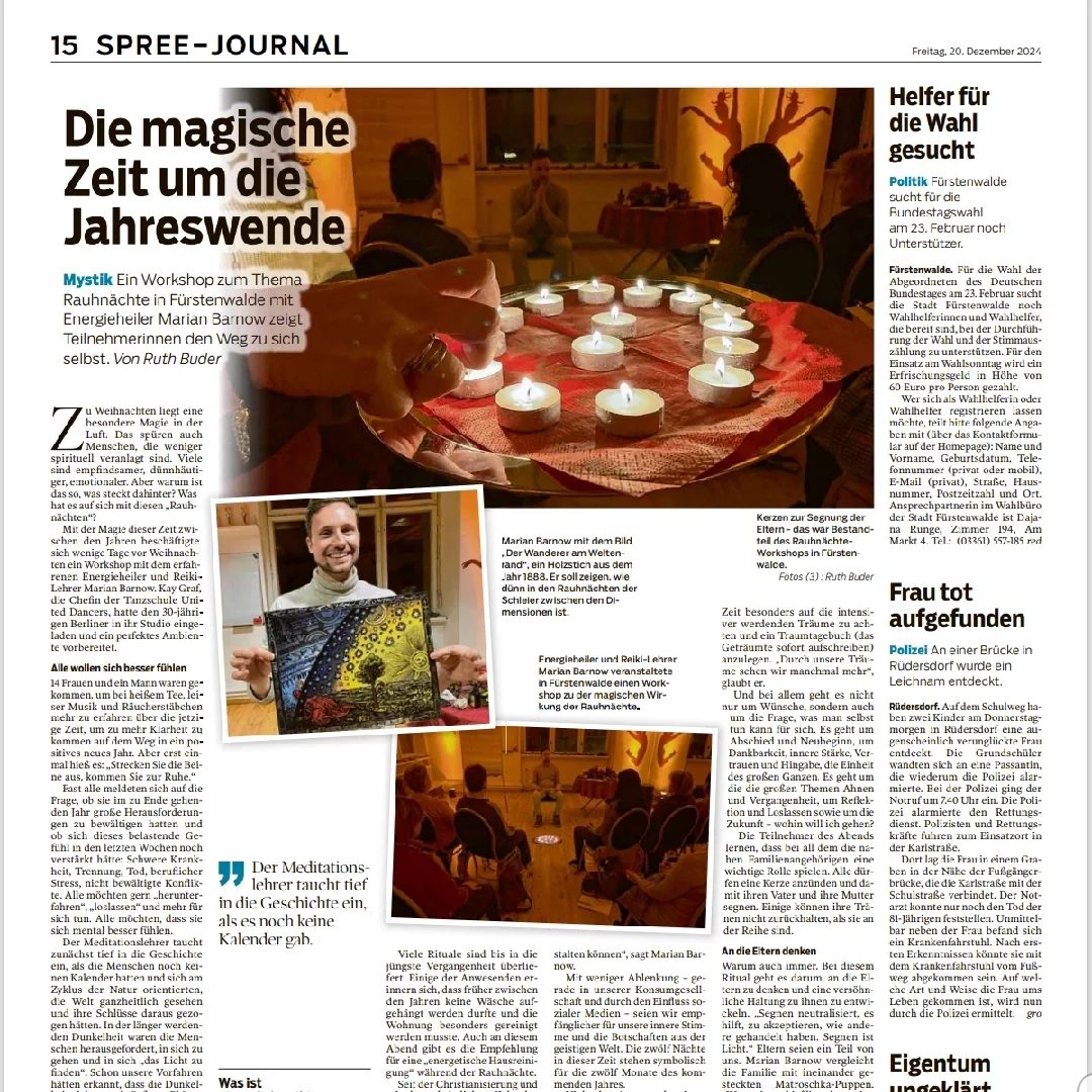 German newspaper feature on Marian Barnow leading a Rauhnächte energy-healing workshop