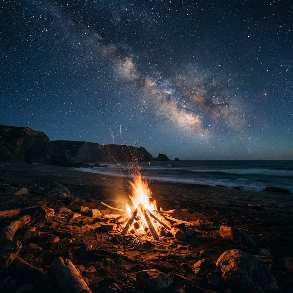 A bonfire under a vast starry sky on the Portuguese coast at night