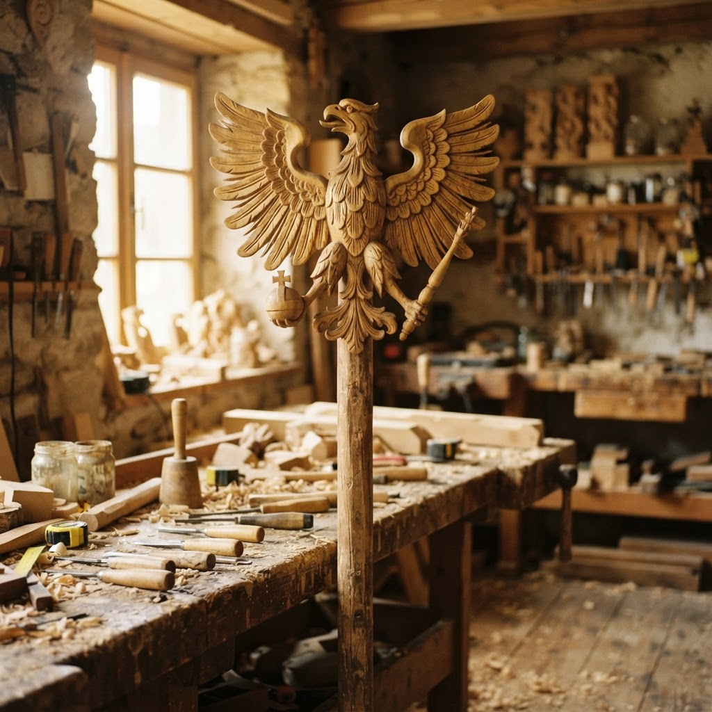 A traditional hand-carved wooden marksmen's club eagle with outstretched wings in a sunlit workshop