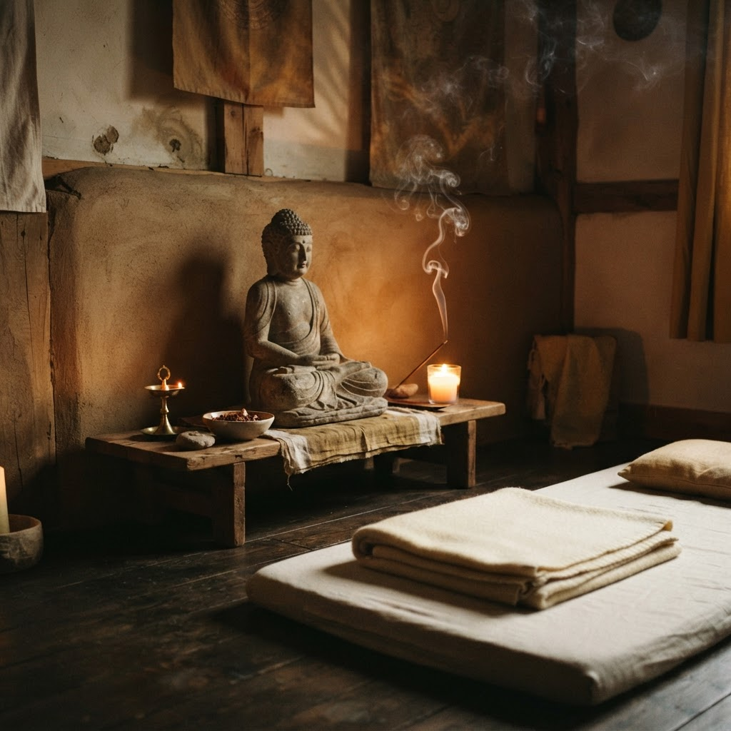 A candlelit healing room with a stone Buddha statue and rising incense smoke