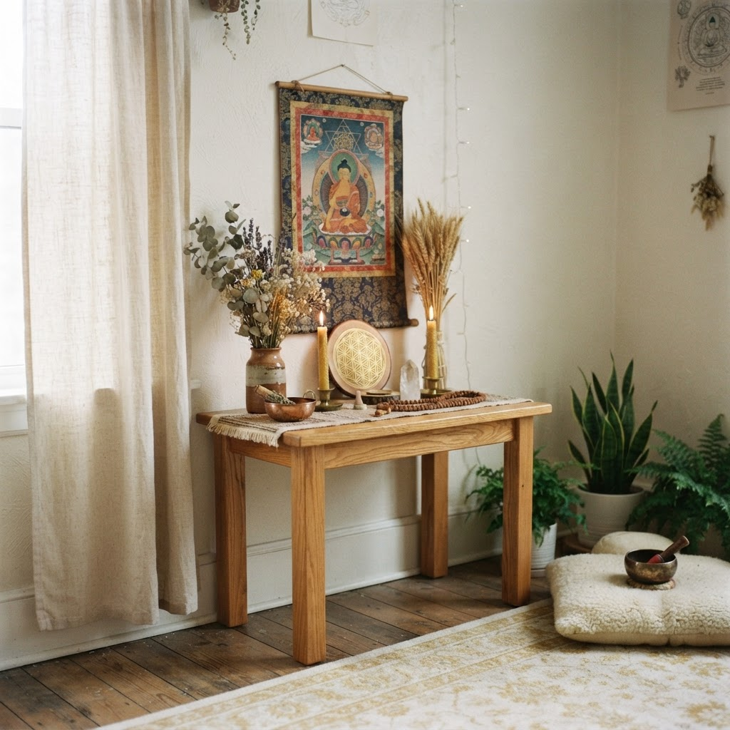 A candlelit home altar with sacred geometry symbols and soft daylight — a home made into a temple