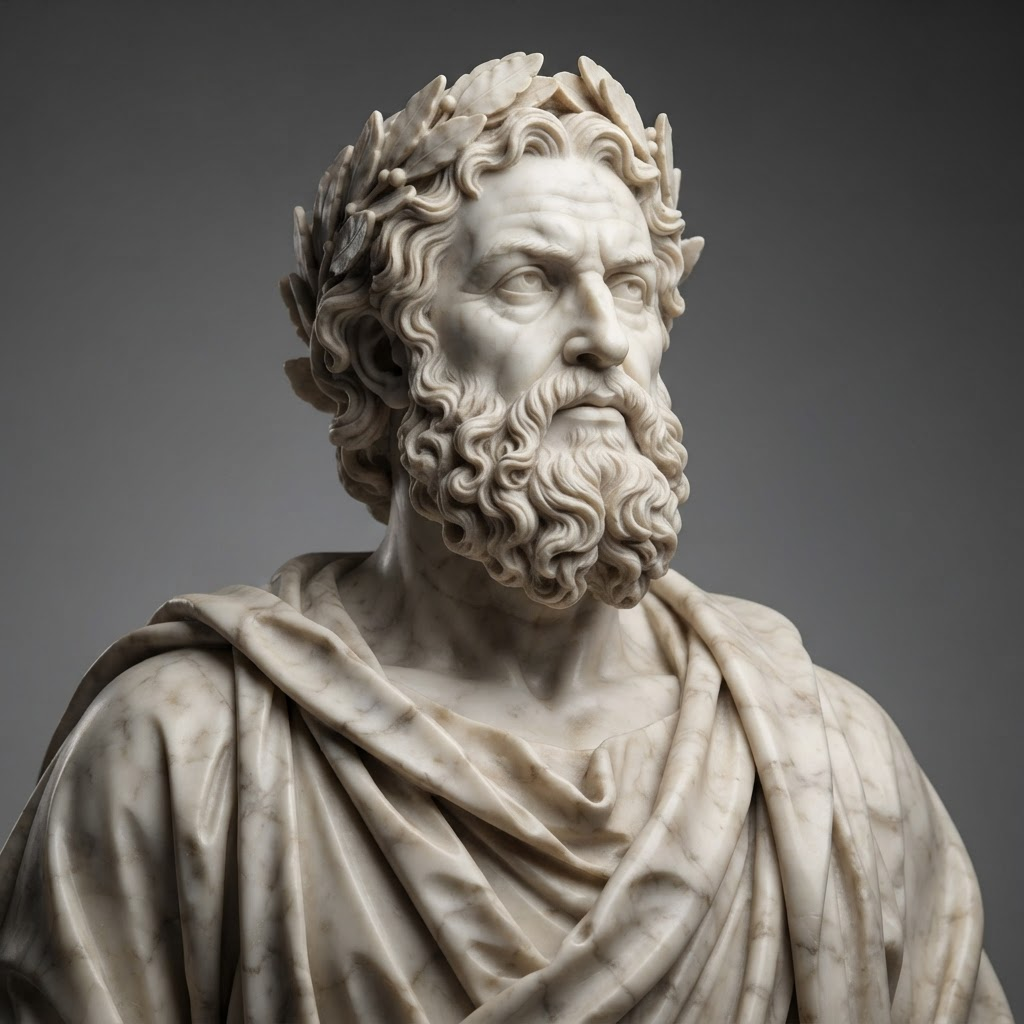 A classical marble statue of a laurel-crowned sage in draped robes, gazing upward