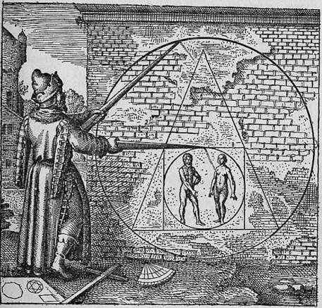 A 17th-century alchemical engraving depicting the Philosopher's Stone — the union of sun and moon within the sacred geometry of circle, triangle and square