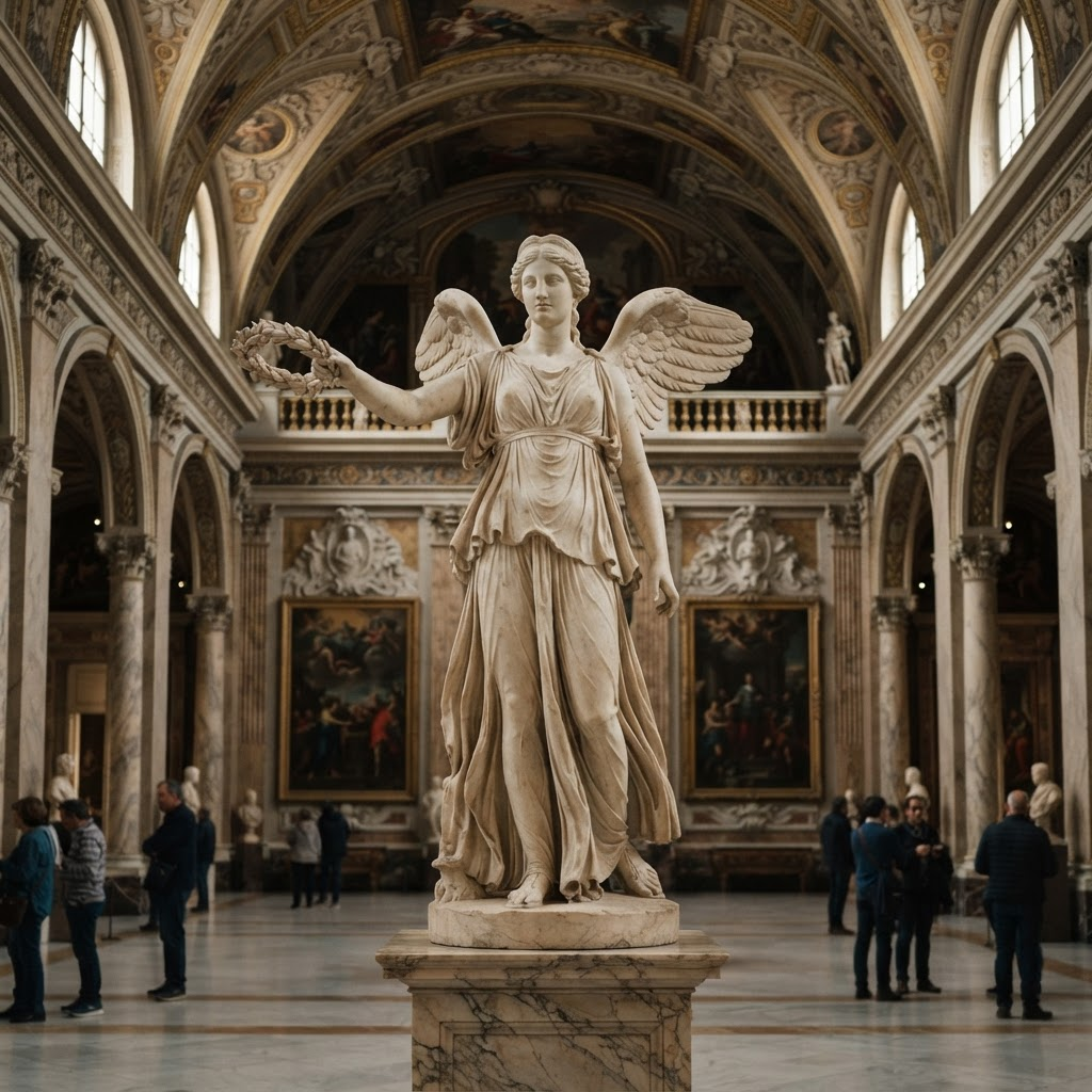 A classical marble statue of the winged goddess of Victory holding a laurel wreath within an ornate frescoed hall