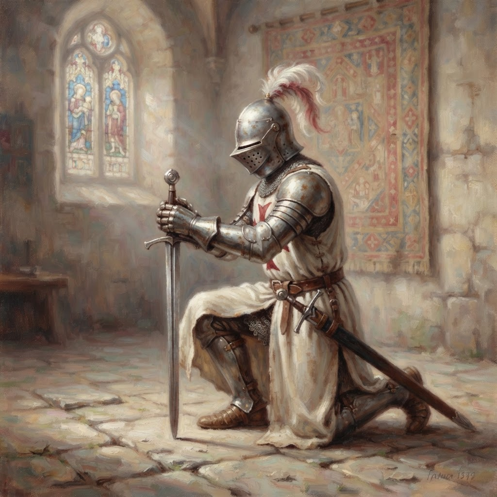 A Knight Templar warrior of light holding a sword upright in a shaft of divine light